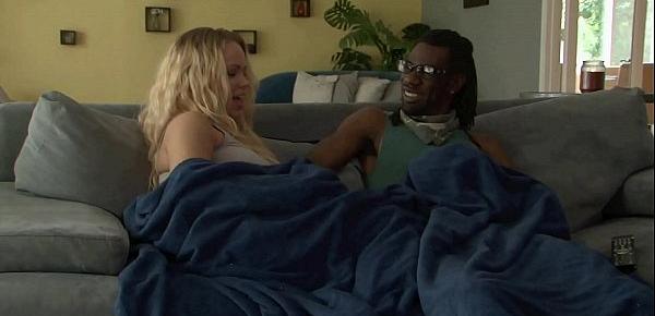  Horny black stud with a huge dick fucking two sexy blondes Britney and Angela Attison on the couch